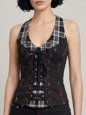 New Tripp NYC Black Plaid Lace-Up Corset Top Size M Grunge Goth Concert Cotton